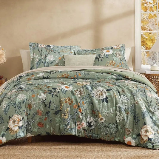 King Size Comforter 7 Piece Green Floral Bedding Set