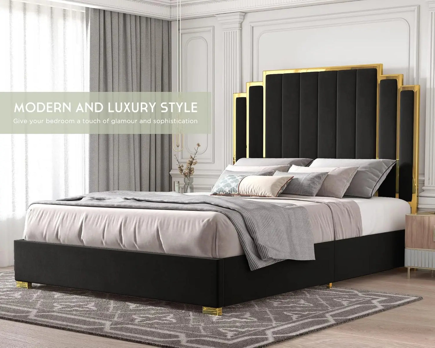 King Upholstered Platform Bedframe with Gold Trim Headboard