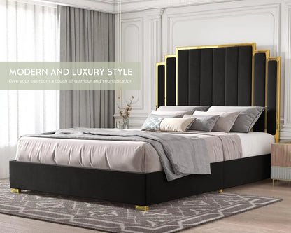 King Upholstered Platform Bedframe with Gold Trim Headboard
