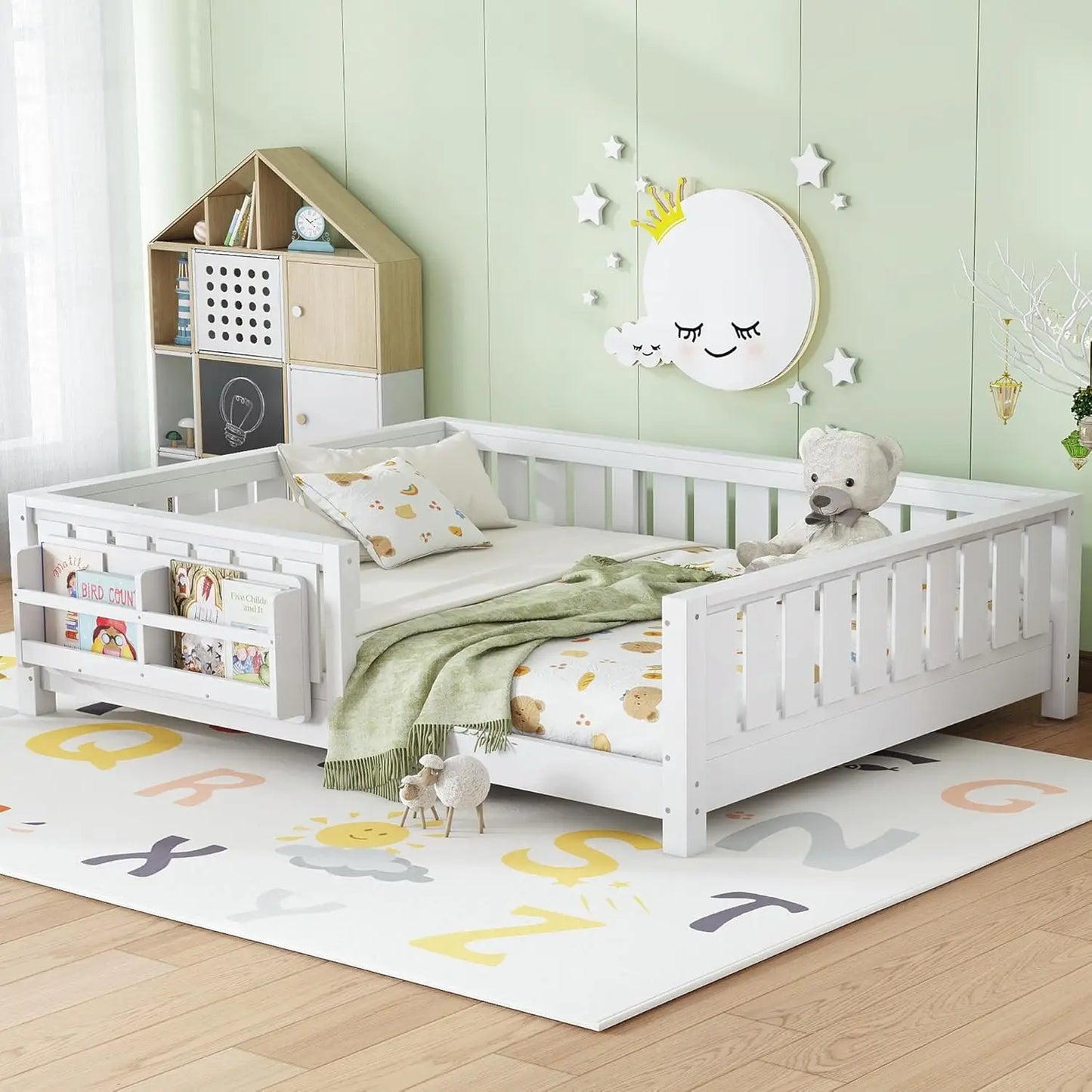 Full Size Kids Montessori Bed Frame with Stairs Bookshelf Drawers