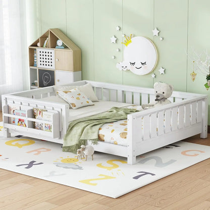 Full Size Kids Montessori Bed Frame with Stairs Bookshelf Drawers