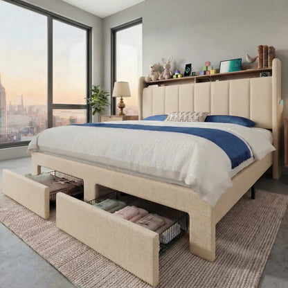 Bed Frame, 2 Storage Drawers/2-Tier Shelves with LED Lights & Charging Station