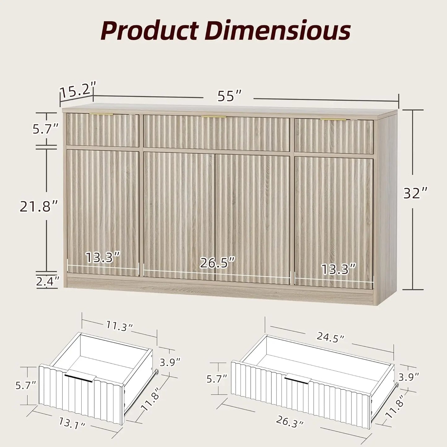 Large Fluted Buffet Cabinet with Storage