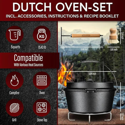 5 Quart Cast Iron Pre-Seasoned Dutch Oven Set