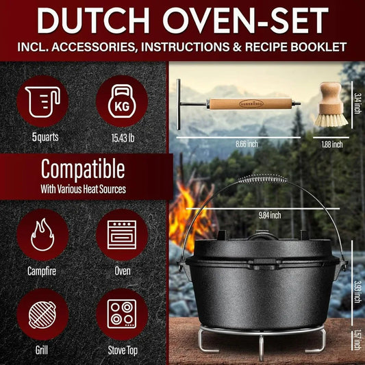 5 Quart Cast Iron Pre-Seasoned Dutch Oven Set