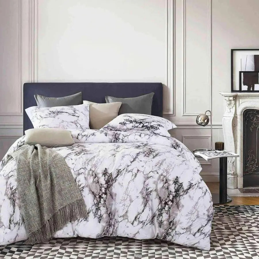 White Black Marble Print 88 x 90 inch Reversible Down Alternative Comforter