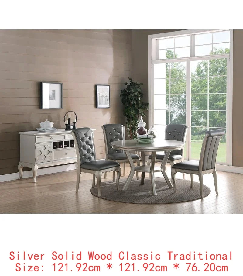 7pc Rect. Glass Dining Table w/ Silver Hue & 6 Tufted Chairs