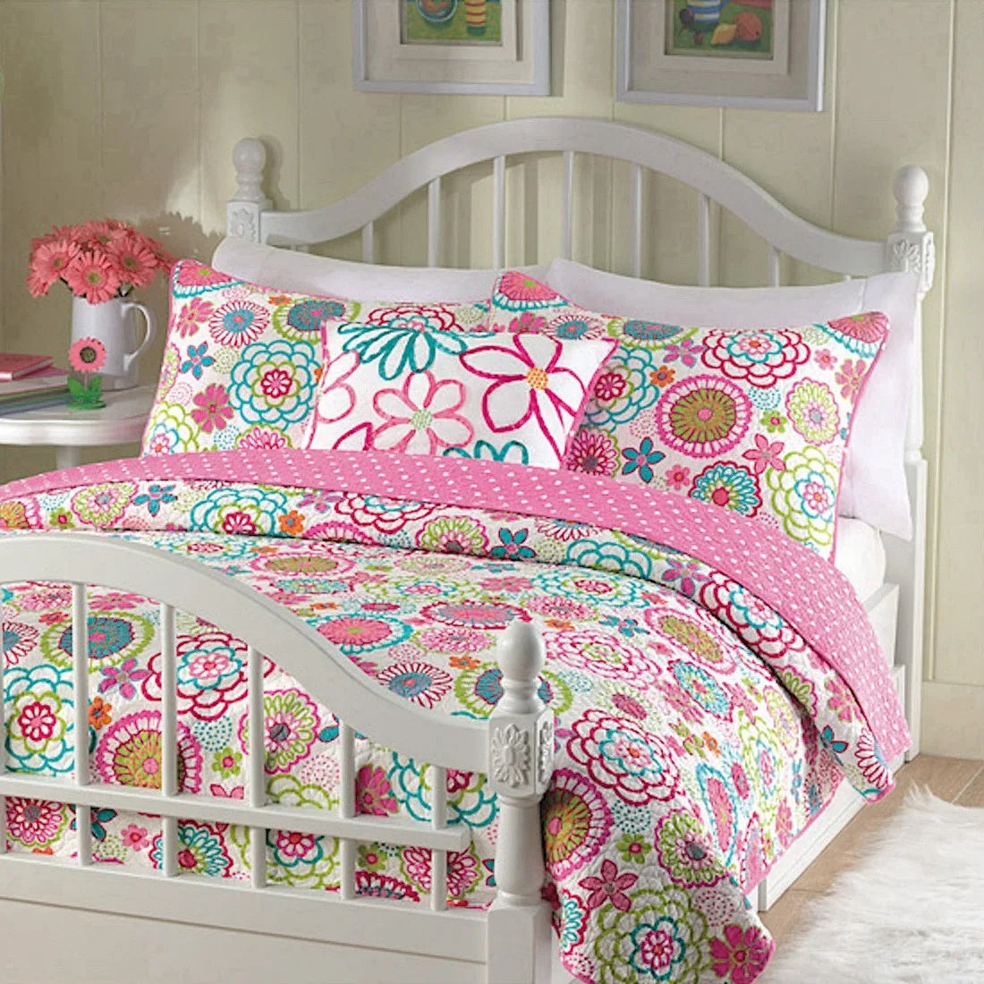 Pink Floral Blossom Polka Dot Reversible Quilt Bedding Set