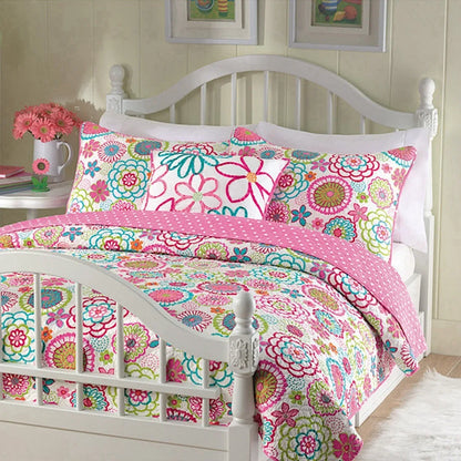 Pink Floral Blossom Polka Dot Reversible Quilt Bedding Set