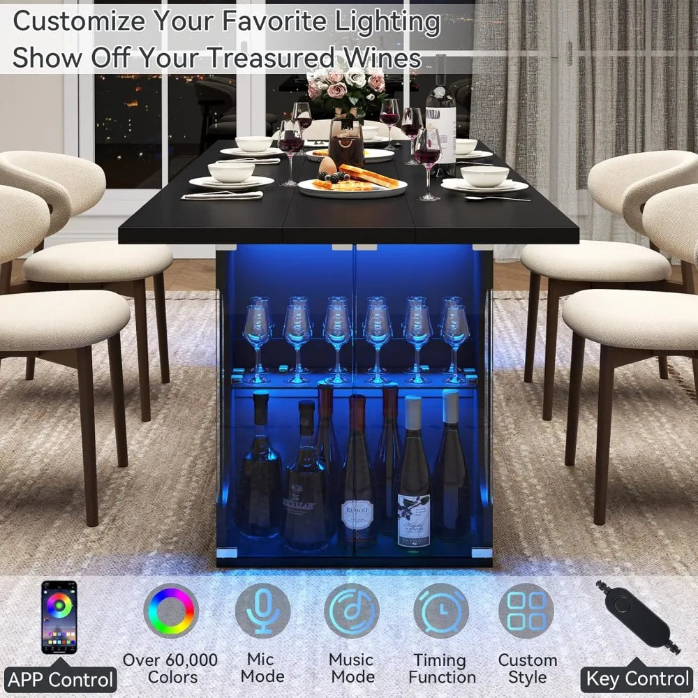 70.8" Modern Dining Table with Glass Storage Cabinet & LED Lights