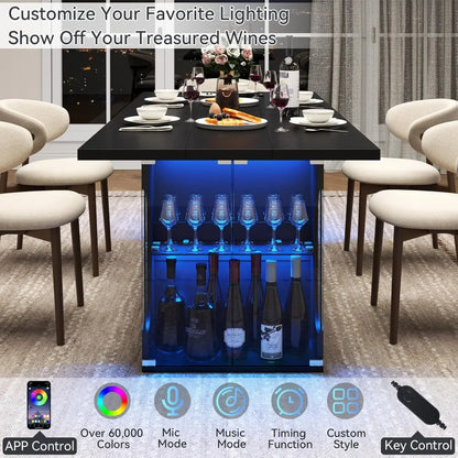 70.8" Modern Dining Table with Glass Storage Cabinet & LED Lights
