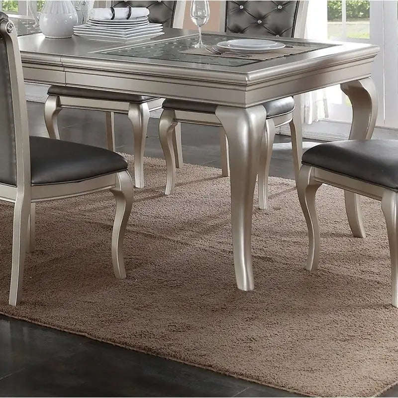 7pc Rect. Glass Dining Table w/ Silver Hue & 6 Tufted Chairs