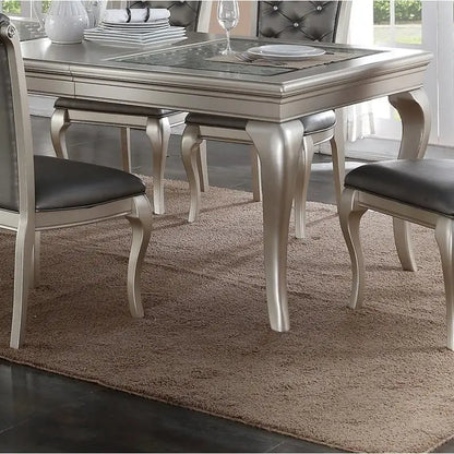 7pc Rect. Glass Dining Table w/ Silver Hue & 6 Tufted Chairs