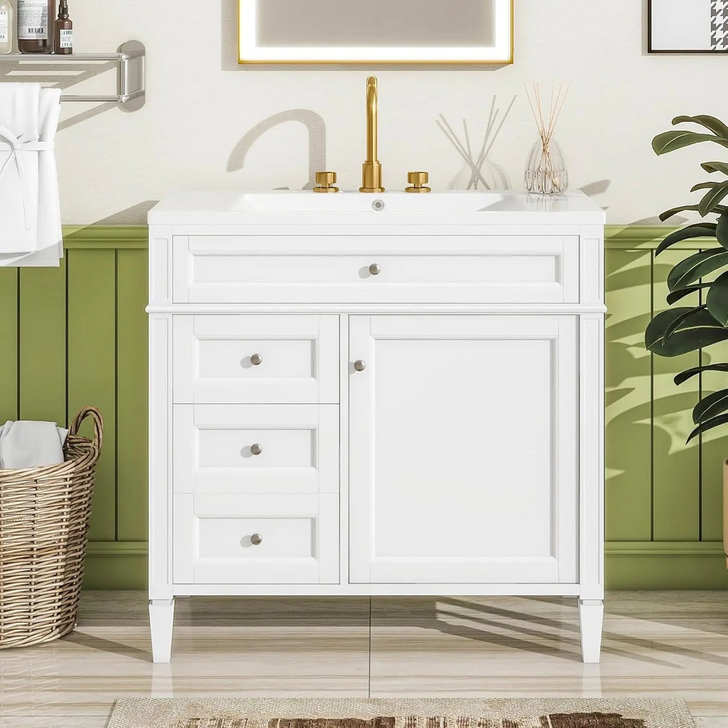 Solid Wood Bathroom Vanity with Soft-Close Doors & Tip-Out Drawer
