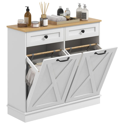 Double Tilt Out Laundry Hamper Cabinet with 2 Removable Baskets and 2 Drawers