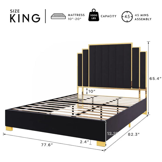 King Upholstered Platform Bedframe with Gold Trim Headboard