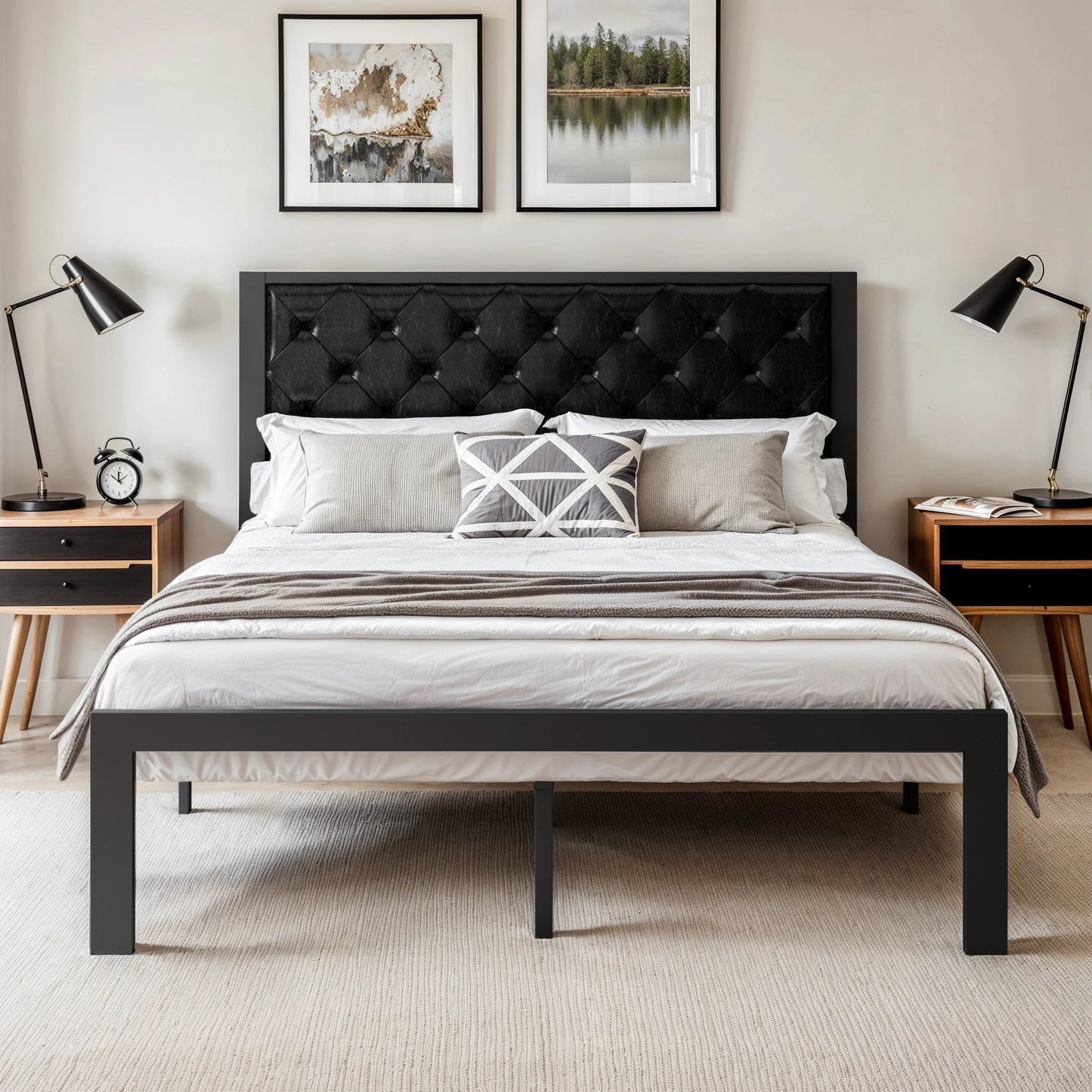 HOOMIC Metal Bed Frame with Upholstered Finely Stitched Headboard