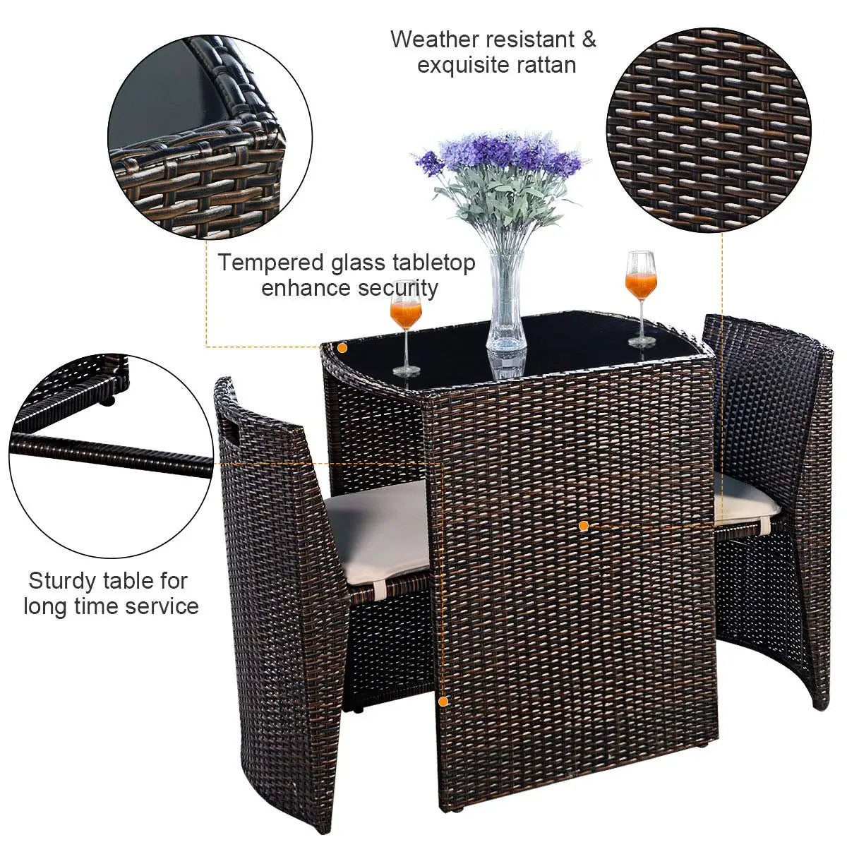 3 PCS Cushioned Outdoor Wicker Patio Bistro Set