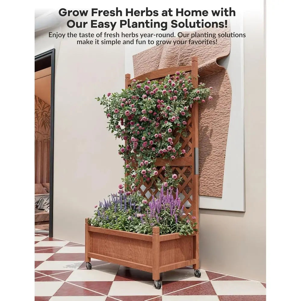 Wheeled Wooden Planter Box with Trellis for Privacy and Patio Gardening