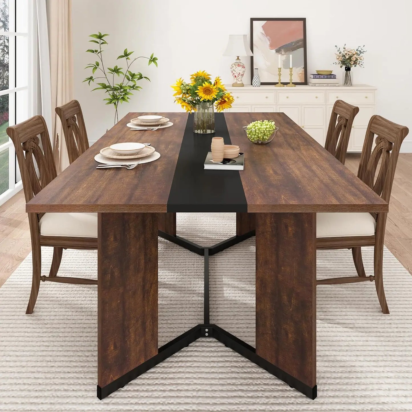 71" Dining Modern Rectangular Kitchen Table W/Waterproof Wood