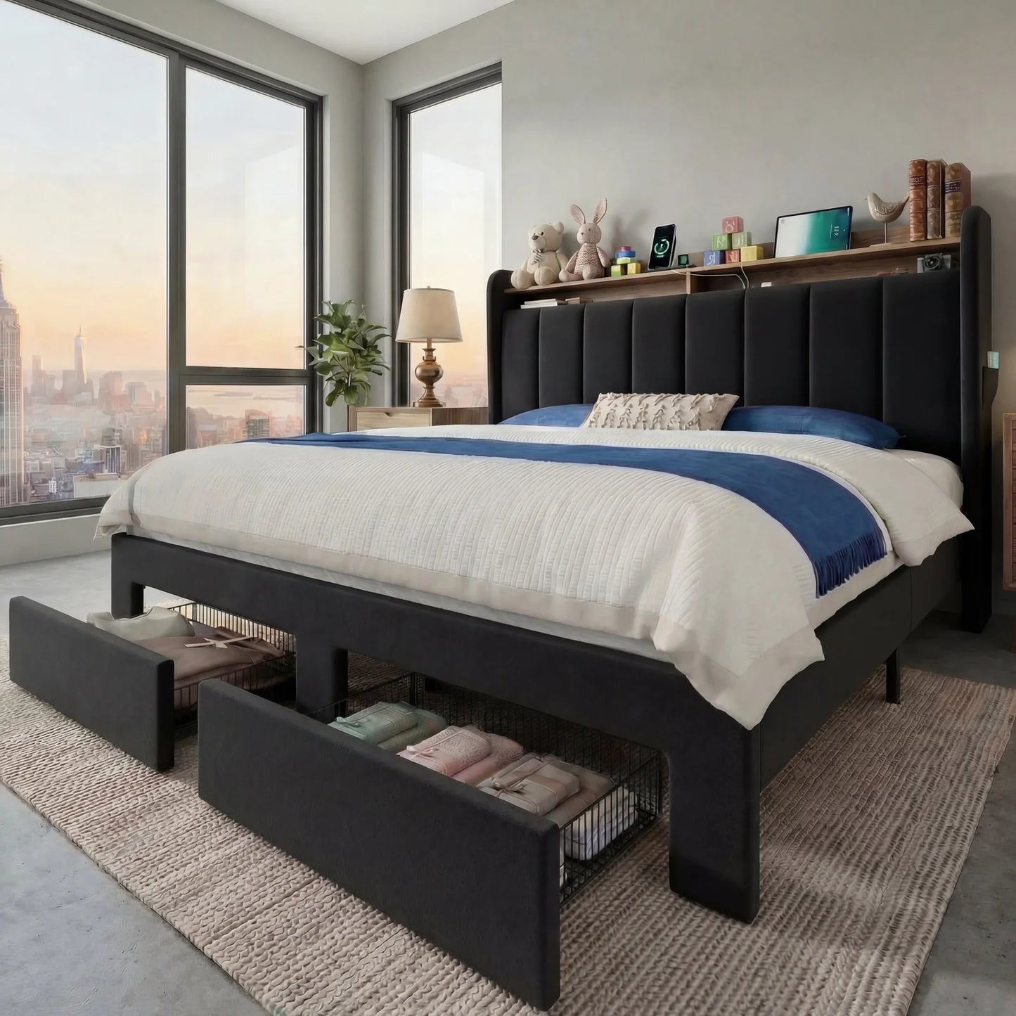 Bed Frame, 2 Storage Drawers/2-Tier Shelves with LED Lights & Charging Station