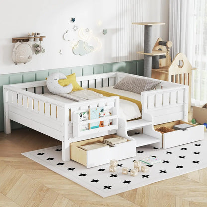 Full Size Kids Montessori Bed Frame with Stairs Bookshelf Drawers
