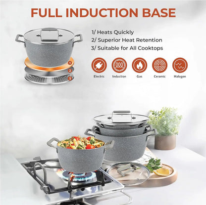 6-Piece Gray Granite Coating Nonstick Stackable Cooking Pots Set