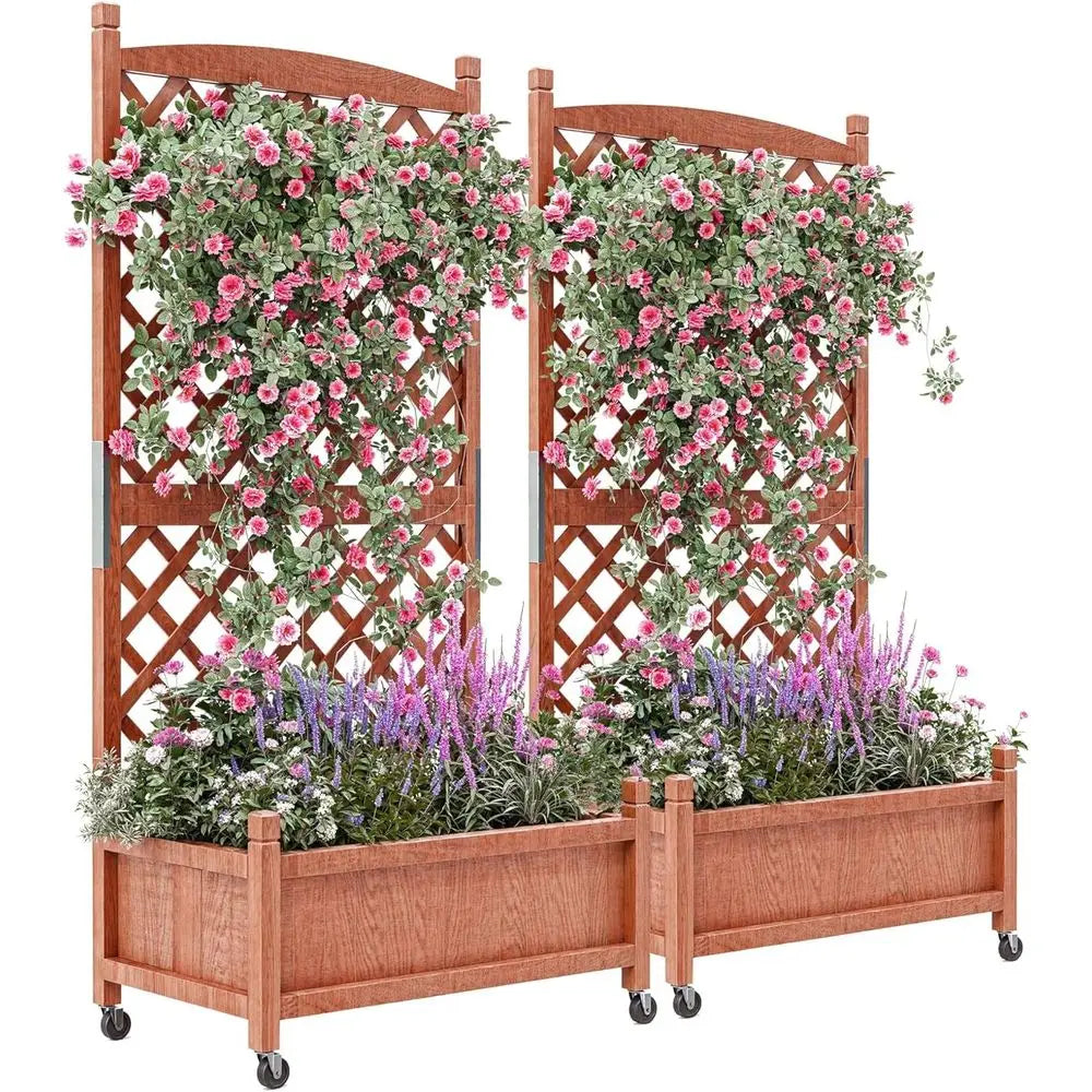 Wheeled Wooden Planter Box with Trellis for Privacy and Patio Gardening