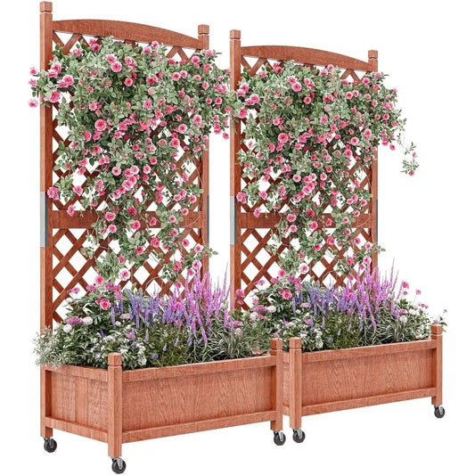 Wheeled Wooden Planter Box with Trellis for Privacy and Patio Gardening