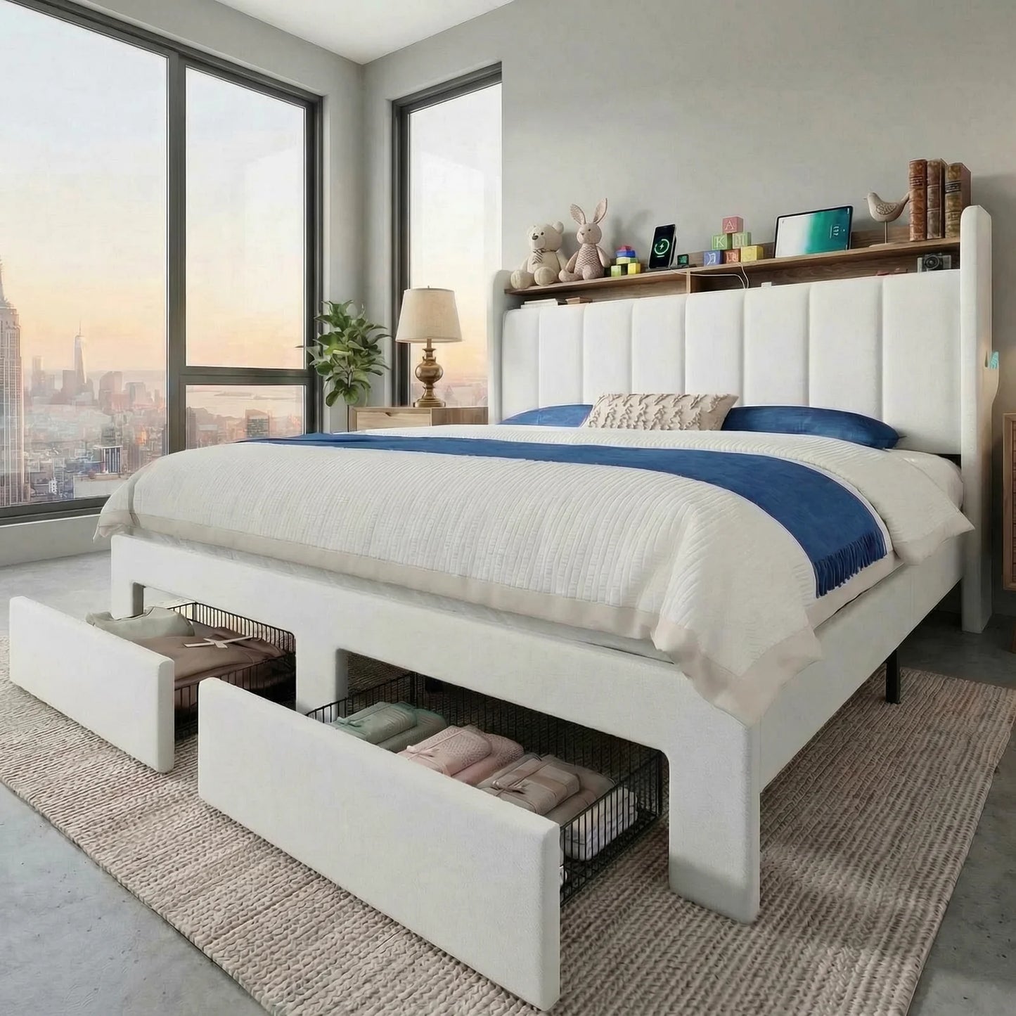 Bed Frame, 2 Storage Drawers/2-Tier Shelves with LED Lights & Charging Station