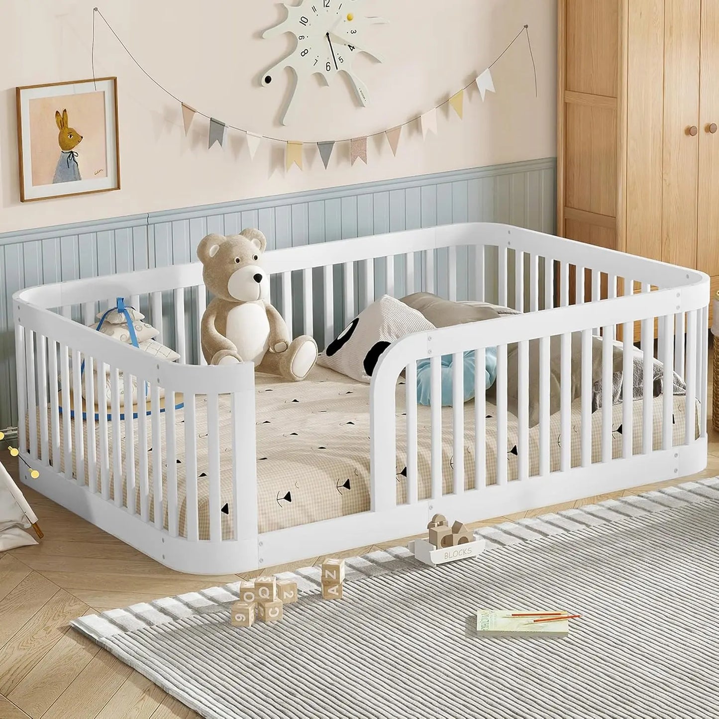Full Size Kids Montessori Bed Frame with Stairs Bookshelf Drawers