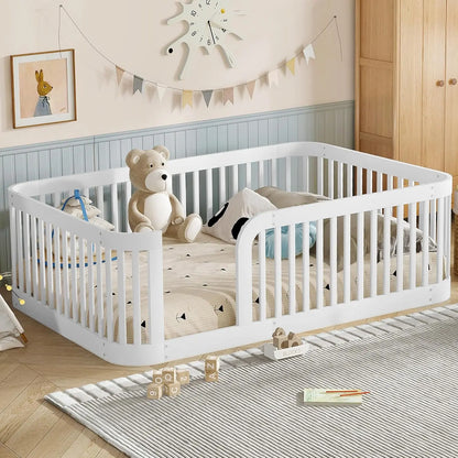 Full Size Kids Montessori Bed Frame with Stairs Bookshelf Drawers