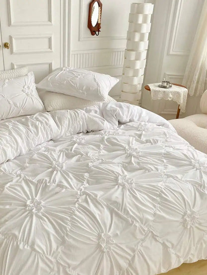 White Ruched Flower Design Duvet Cover Set with Pillowcases