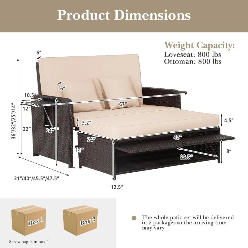 Reclining Patio Loveseat w/Multipurpose Ottoman & Retractable Side Tray