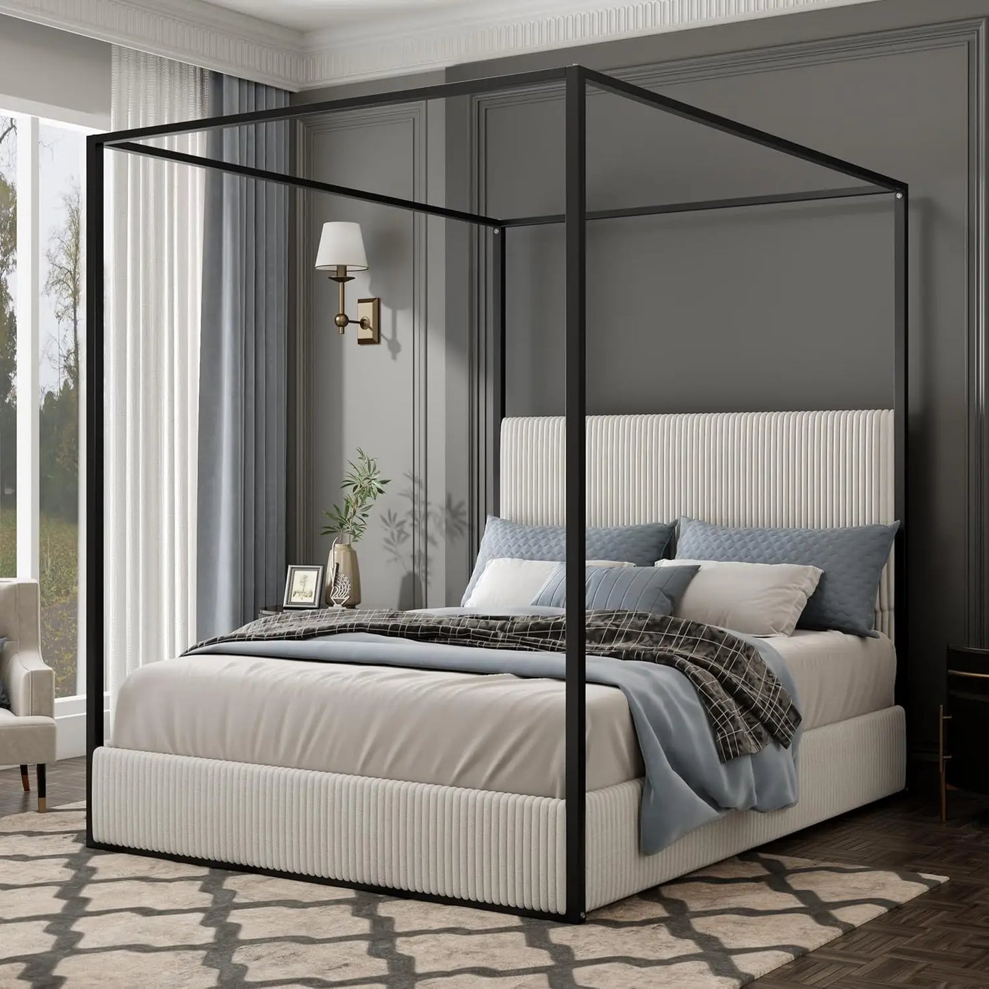 King Size Metal Canopy Bed Frame with Tall Corduroy Upholstered Headboard