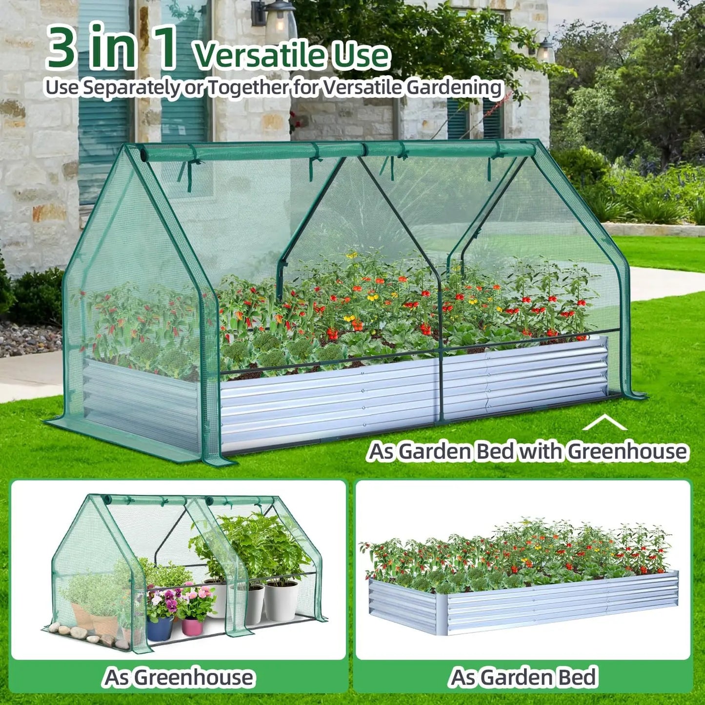 8x4ft Galvanized Raised Garden Bed with Greenhouse Cover