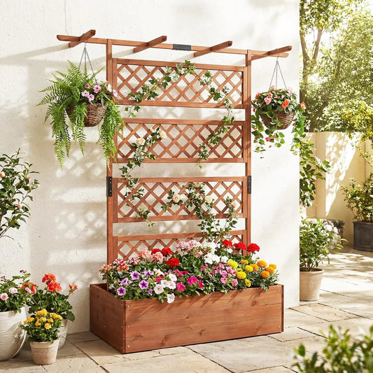 Wooden Planter Box with Trellis and Privacy Screen