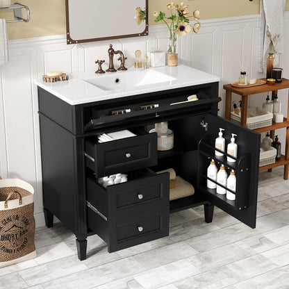 Solid Wood Bathroom Vanity with Soft-Close Doors & Tip-Out Drawer