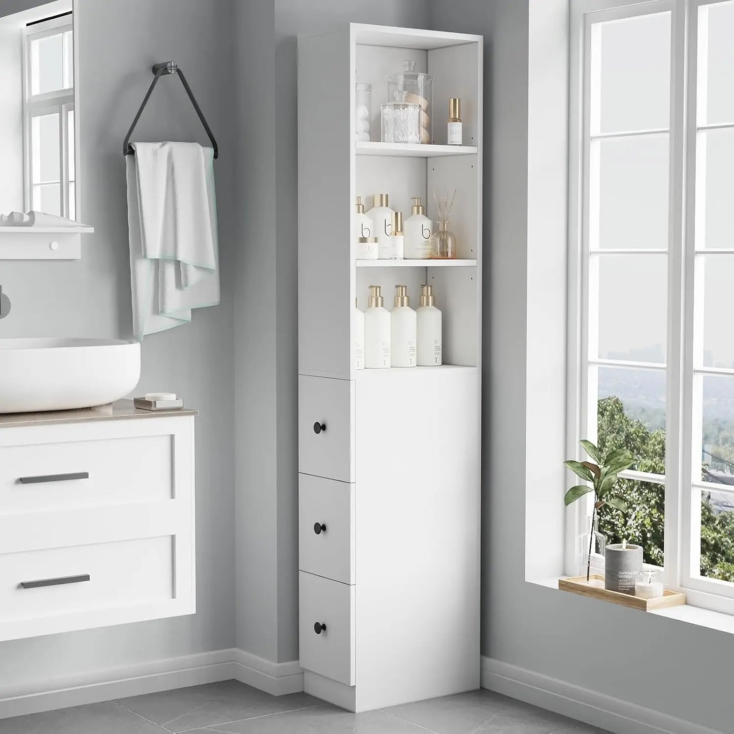 Tall Narrow Bathroom Organizer with 3-Level Adjustable Shelves