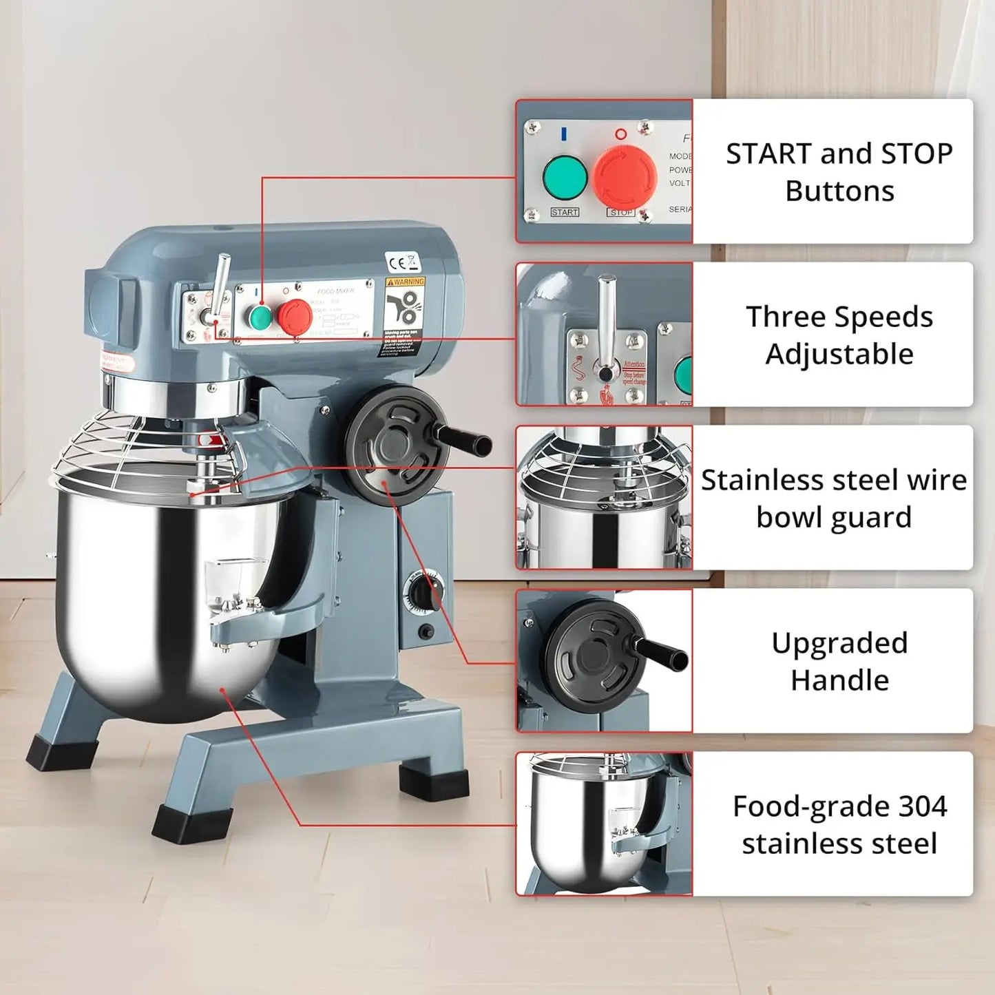 Commercial Stand Mixer with Stainless Steel Bowl, 15QT 600w 3-Speed