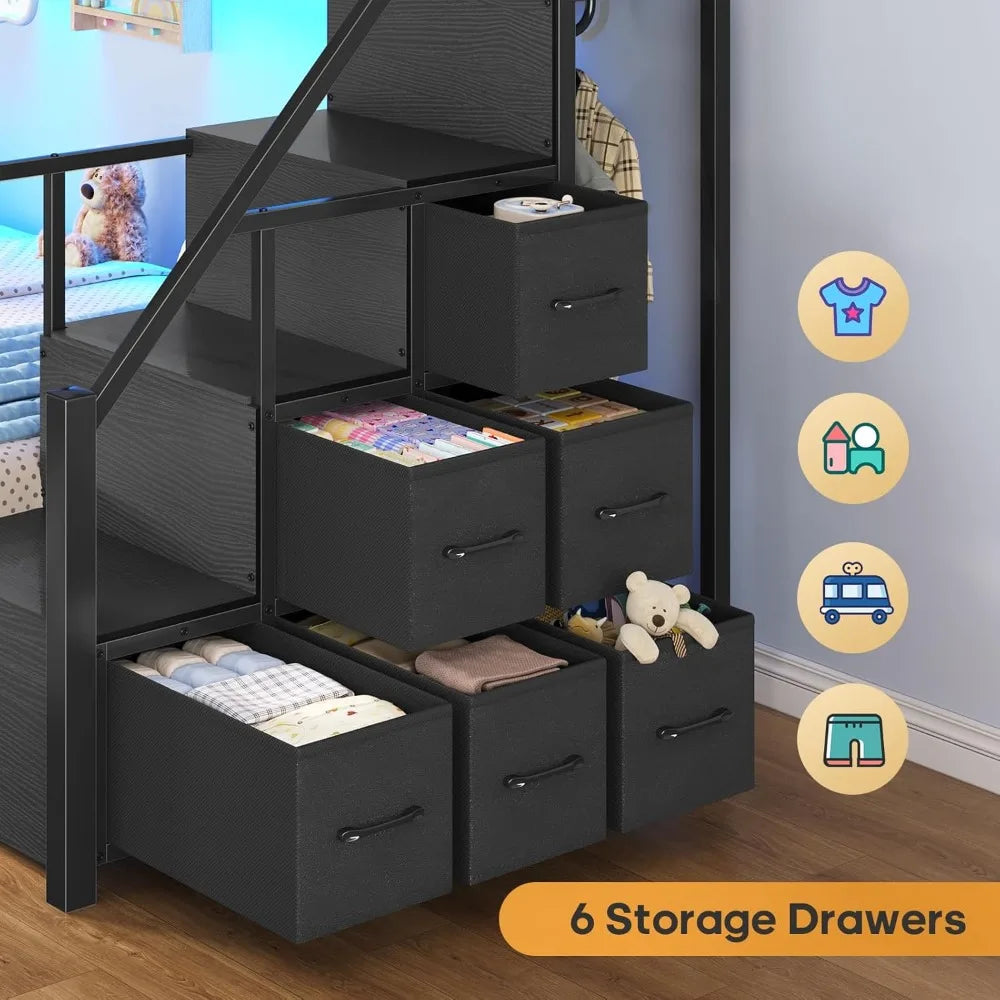 Twin Over Twin Bunk Bed with Stairs, LED Lights, Storage Drawers & Guardrail
