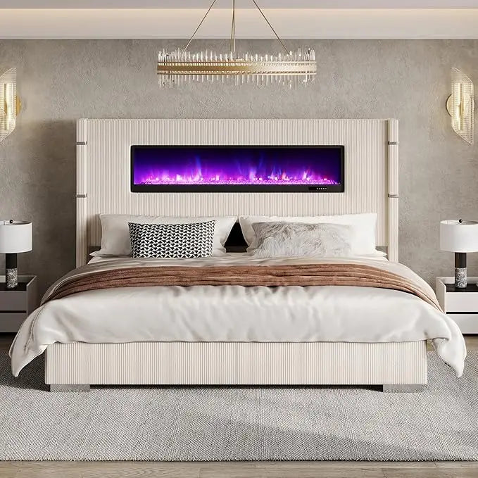 Modern Queen Size Bed Frame with Fireplace
