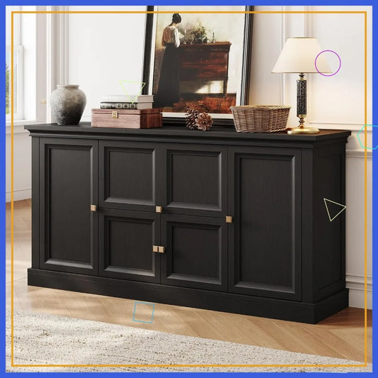 63" Farmhouse Sideboard with Grooved Barn Doors(Black)