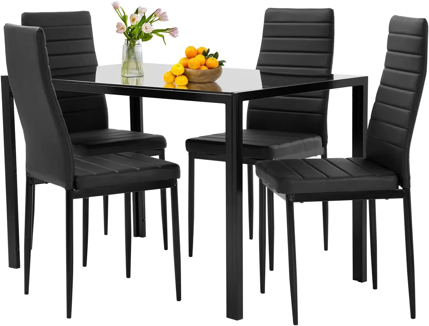 5-Piece Black Glass  Dining Table Set Kitchen Table with 4 Upholstered Chairs