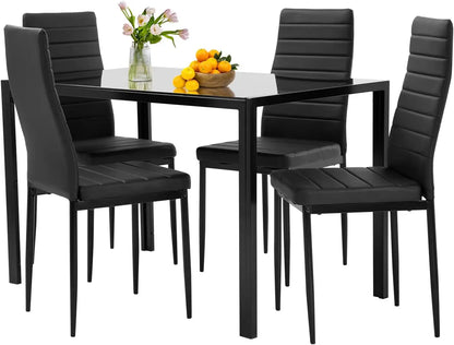 5-Piece Black Glass  Dining Table Set Kitchen Table with 4 Upholstered Chairs
