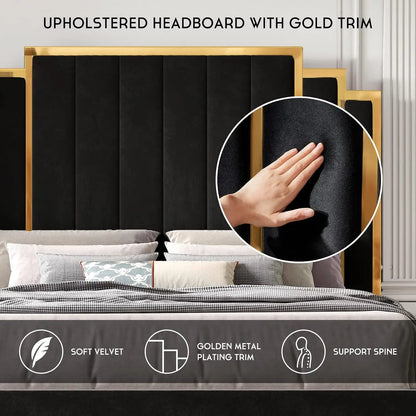 King Upholstered Platform Bedframe with Gold Trim Headboard