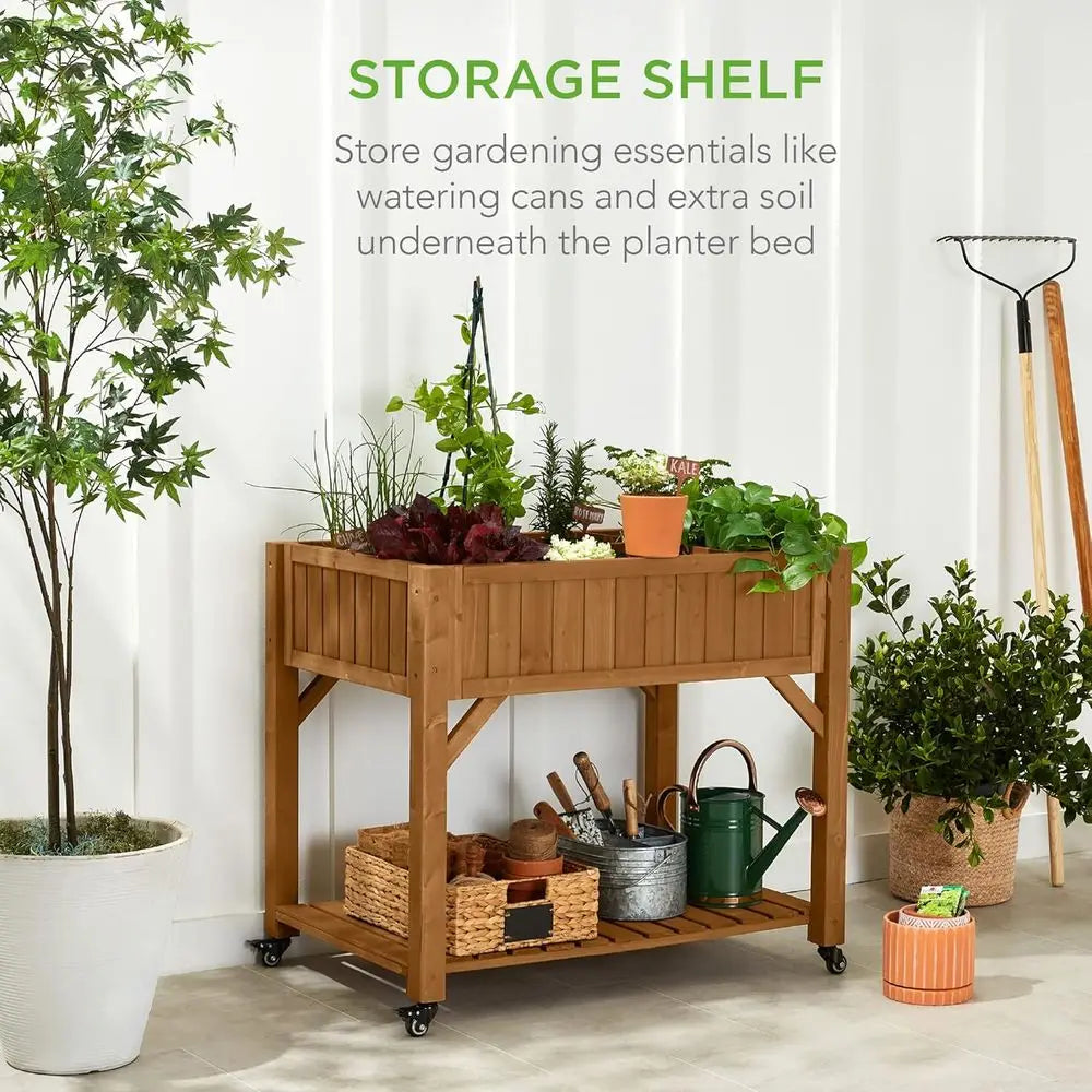 8-Pocket Mobile Herb Garden Bed with Lockable Wheels & Storage Shelf
