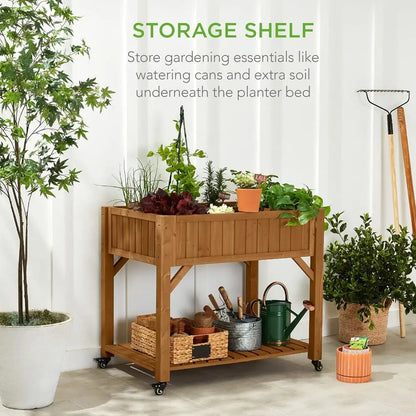 8-Pocket Mobile Herb Garden Bed with Lockable Wheels & Storage Shelf