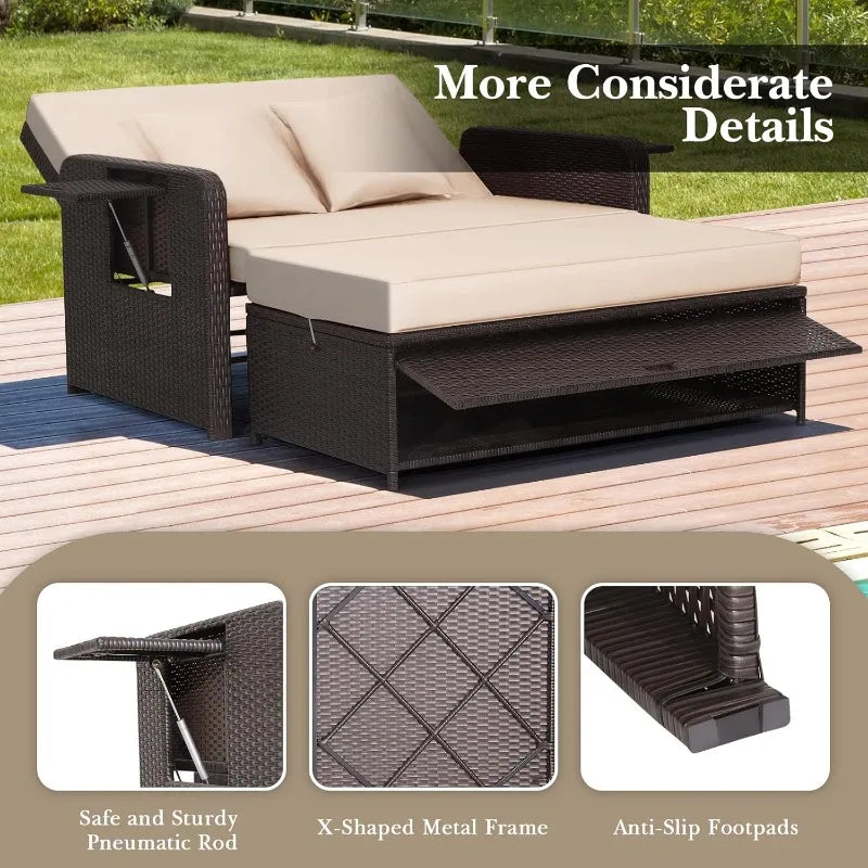 Reclining Patio Loveseat w/Multipurpose Ottoman & Retractable Side Tray