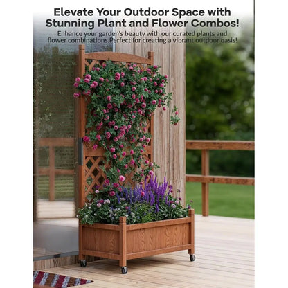 Wheeled Wooden Planter Box with Trellis for Privacy and Patio Gardening